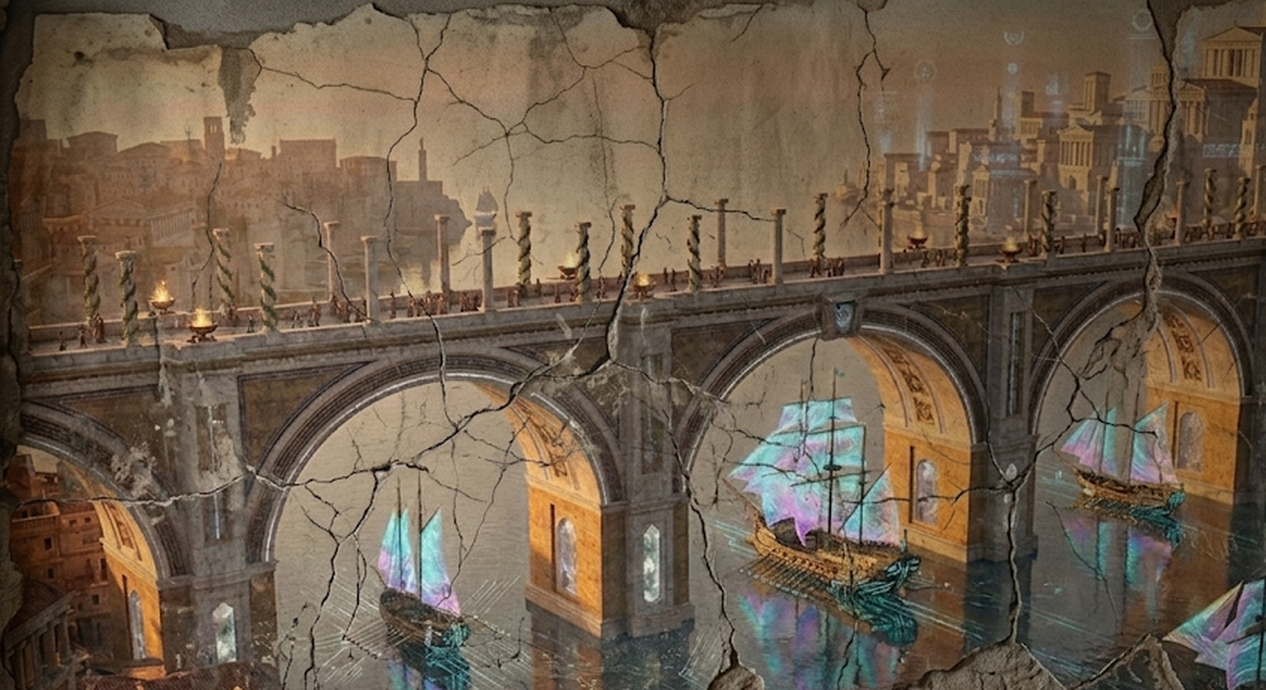 An ancient-technofuturistic bridge over water with luminous-sailed ships passing through its arches