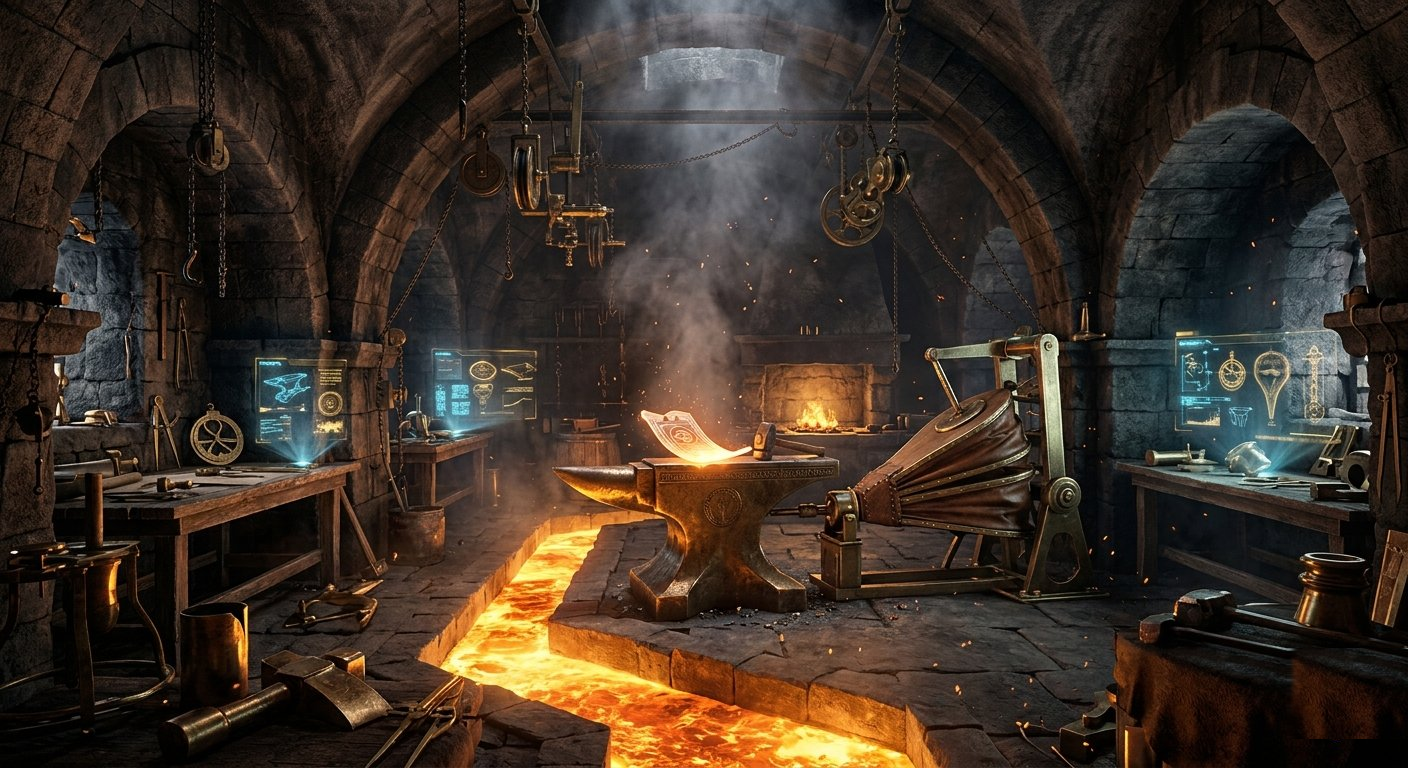 Medieval forge with holographic diagnostic screens